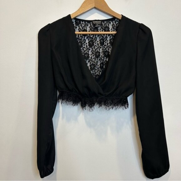 Hommage LA Sheer Lace Back Long Sleeve Crop Top Black Lace Trim - Picture 1 of 6